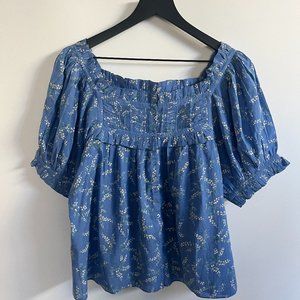 Doen Farley Top Puff Sleeve Square Neck Lapis Bluebell Ballad Floral Size M